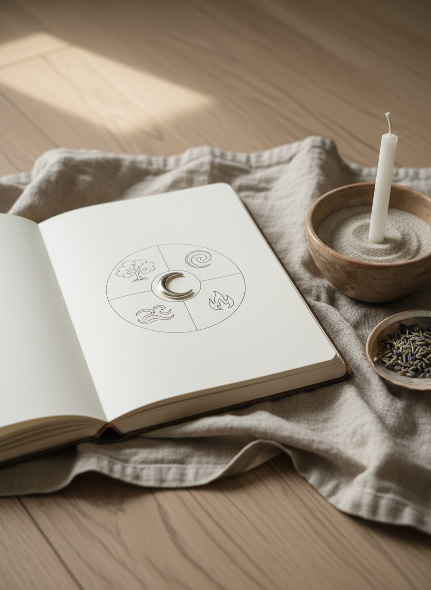 An open journal with hand-drawn symbols of the four elements arranged around a silver crescent moon charm, beside a clay bowl of sand, a white candle and dried herbs, in soft morning light.