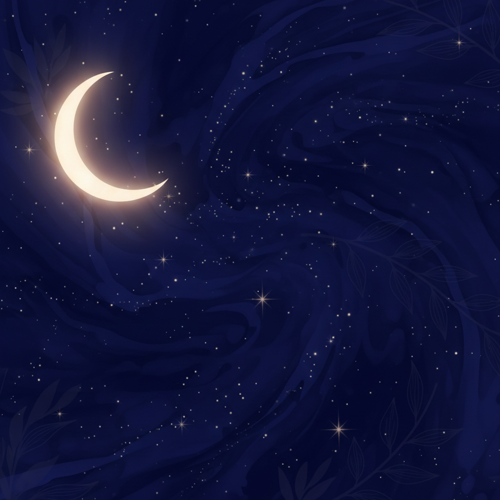 A tranquil celestial texture in deep indigo with a champagne-gold crescent moon, scattered stars and flowing botanical lines.